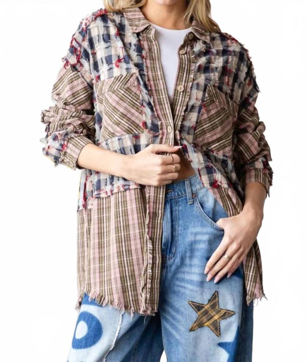 NEW OLI & HALI plaid distressed button down shirt in pink